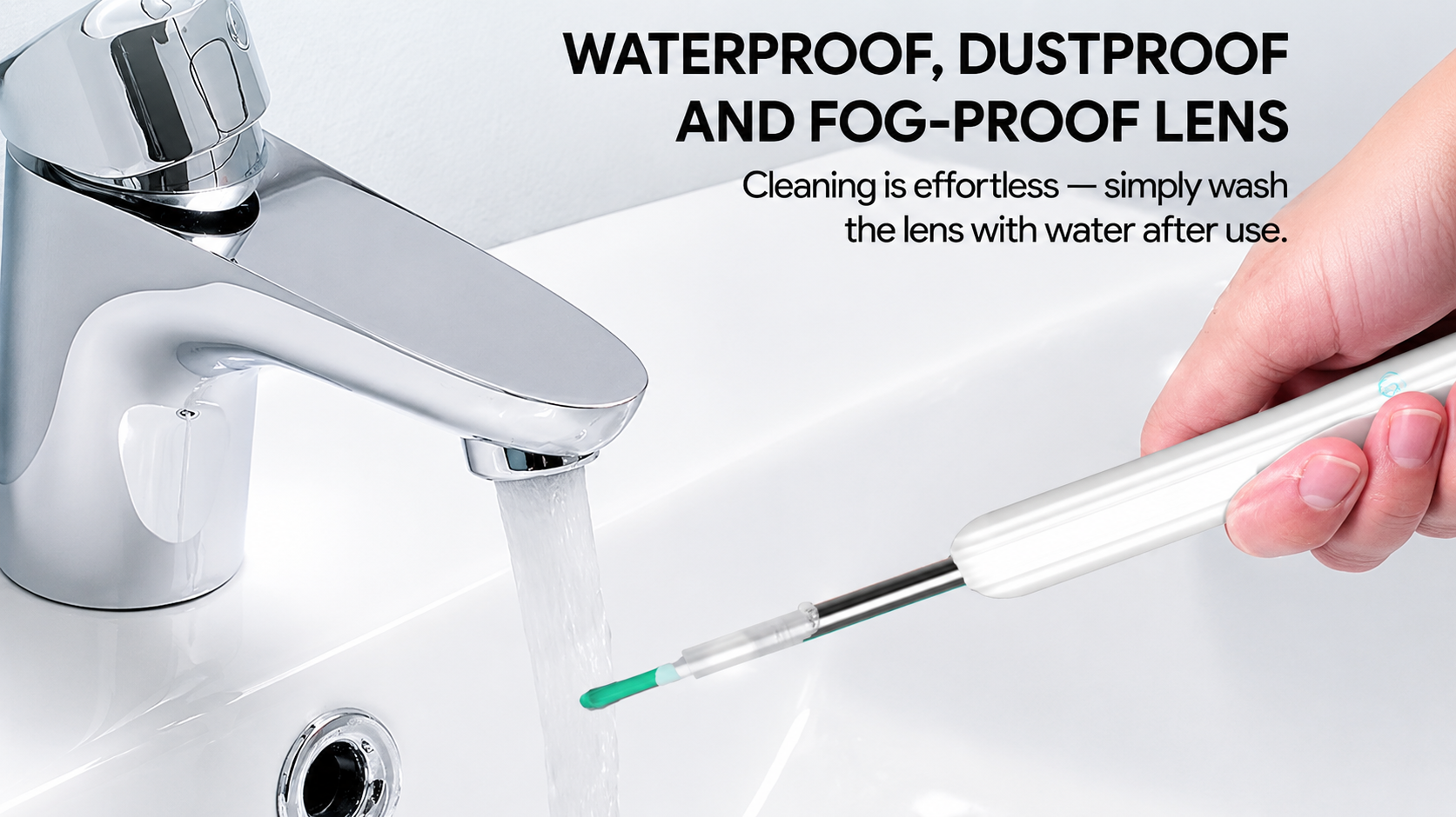 The wand tip being rinsed under running water, showing the waterproof lens design.