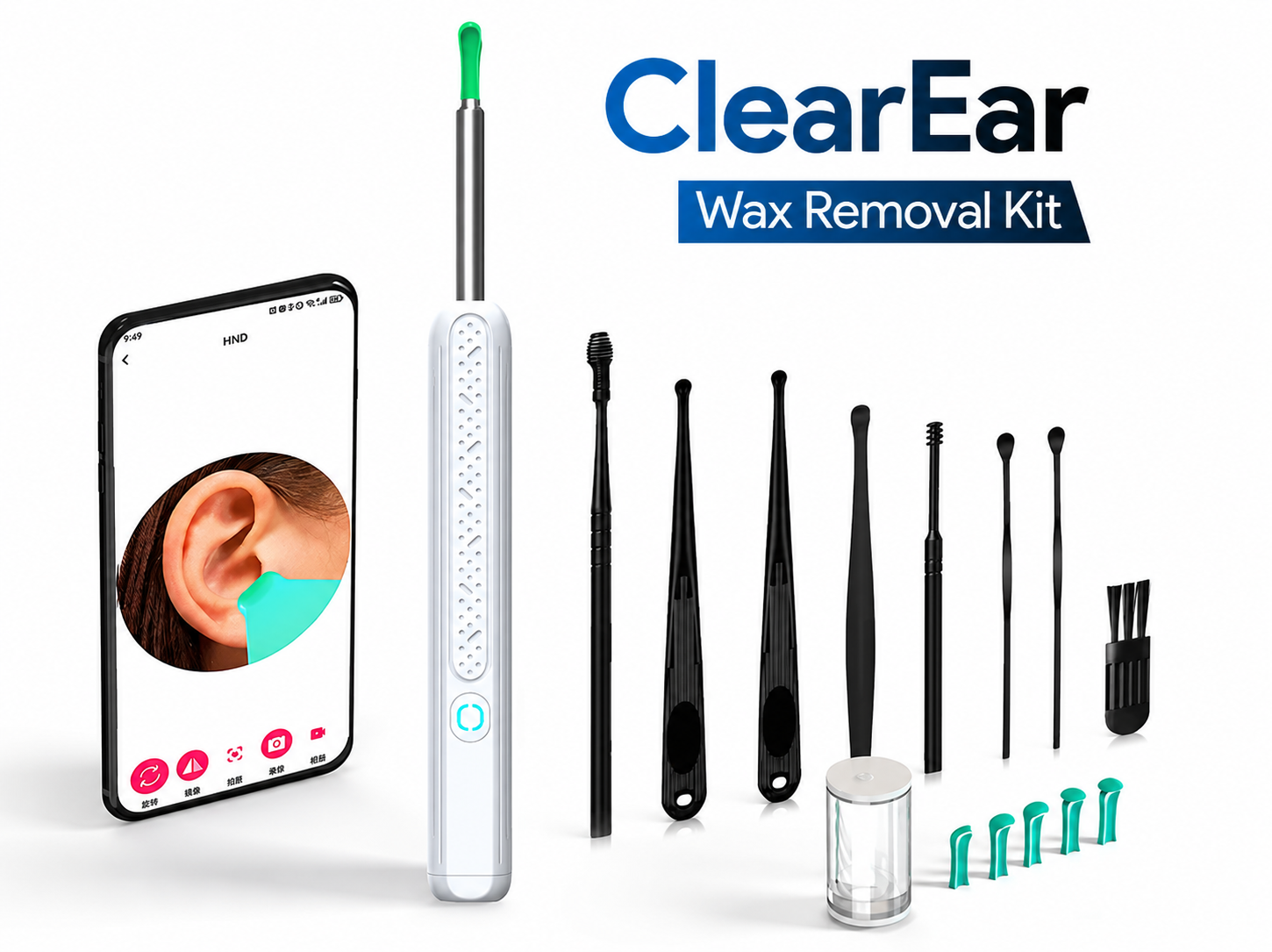 Everything included in the Nuwelo ClearEar kit, arranged neatly on a plain background.