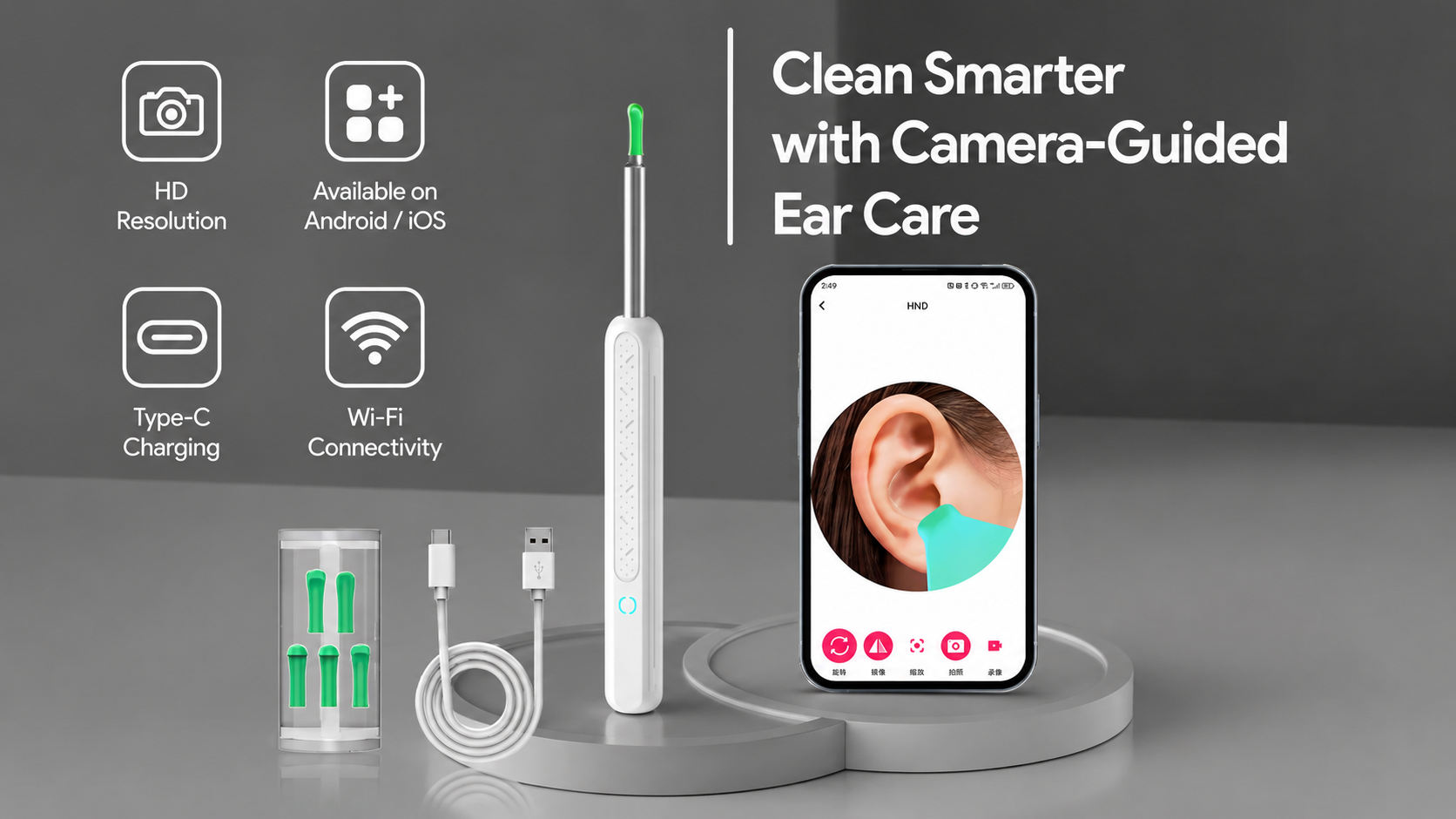 A phone screen showing a live view of the inside of an ear canal