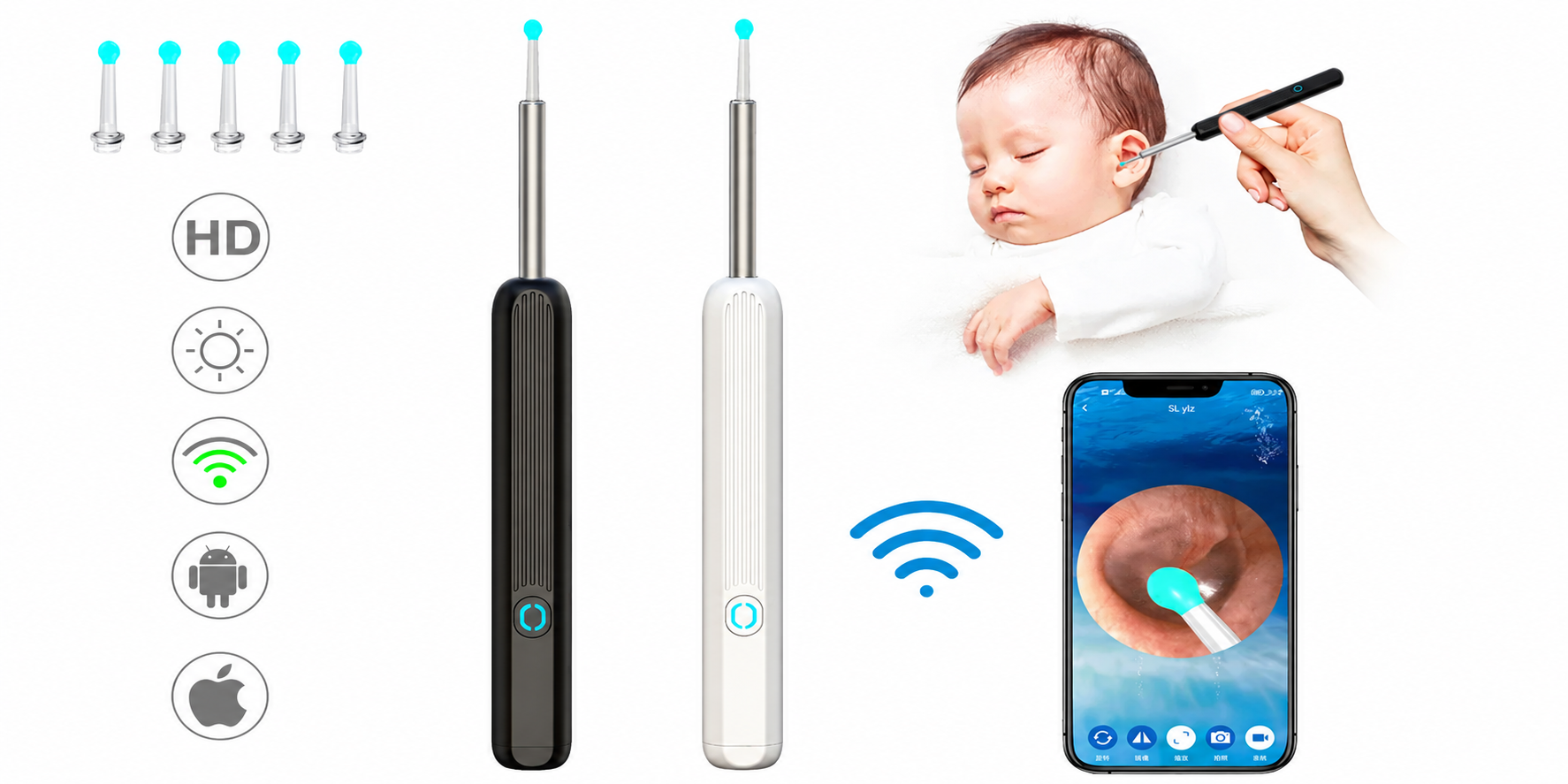 A modern wireless ear cleaning wand shown next to a smartphone displaying a live view of the ear canal.
