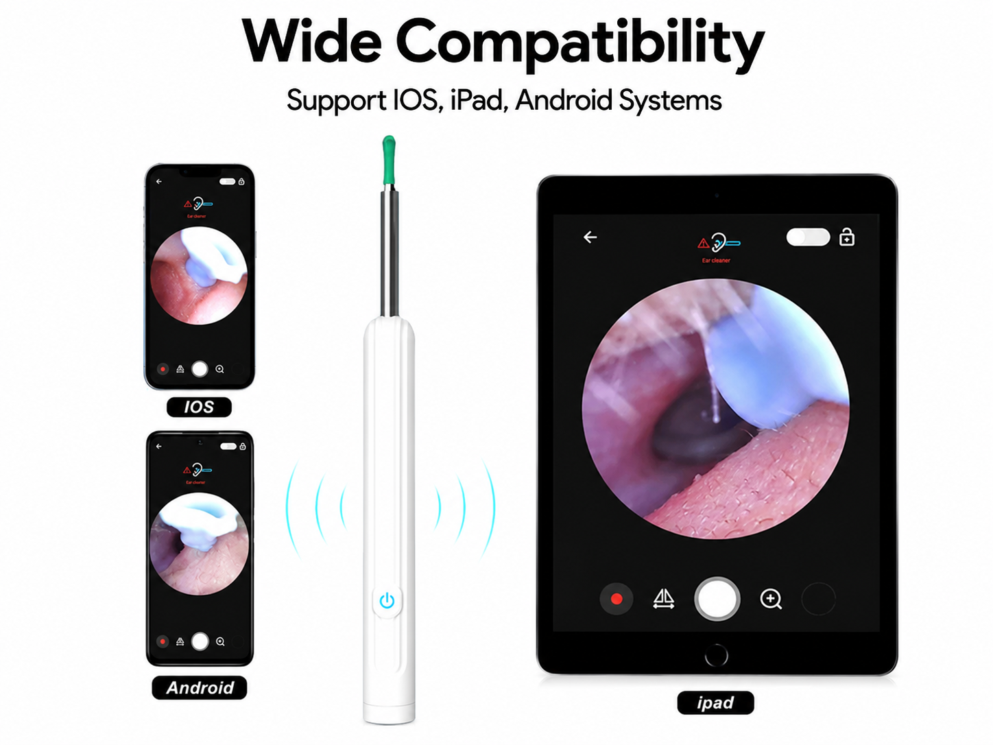 The Nuwelo ClearEar wand shown working with iPhone, Android, and iPad screens.