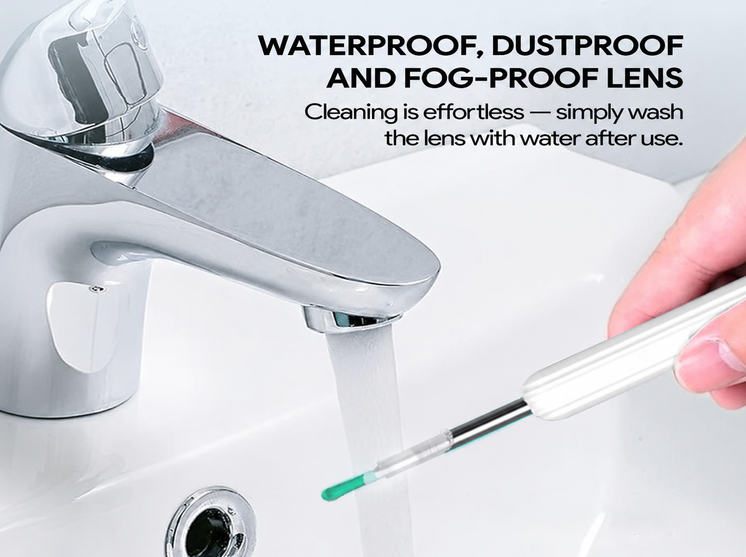 Waterproof lens being rinsed under a tap